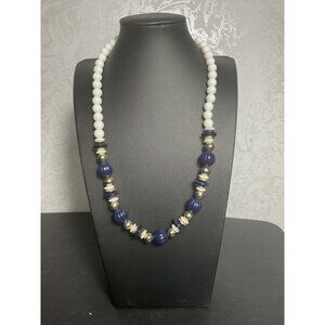 White & Blue Beaded Necklace Silver Accents